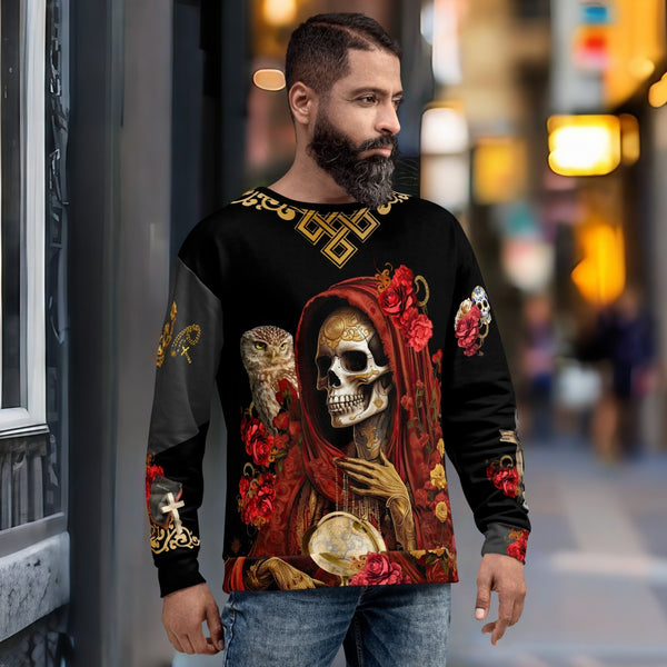 Cosmovisions 'Santa Muerte Roja' Sweatshirt symbolizing love and protection