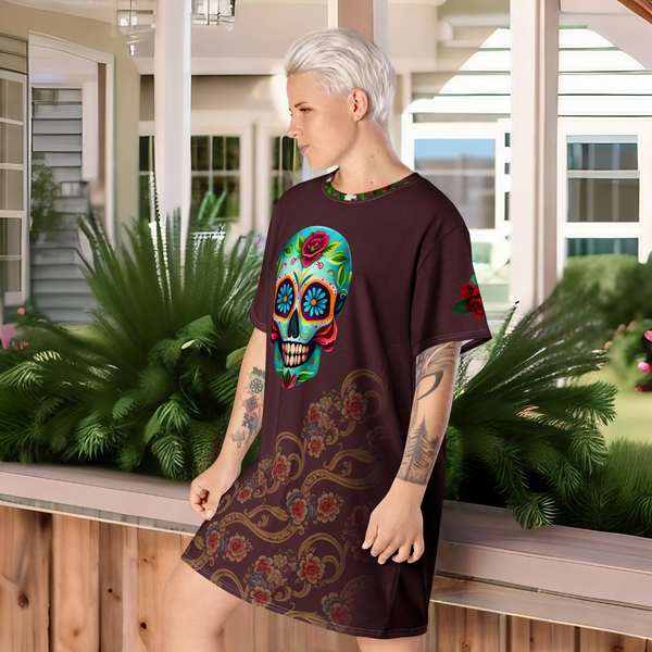 Vibrant Dia de los Muertos T-Shirt Dress with symbolic calaveras