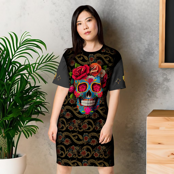 Vibrant Dia de los Muertos T-Shirt Dress with symbolic calaveras.