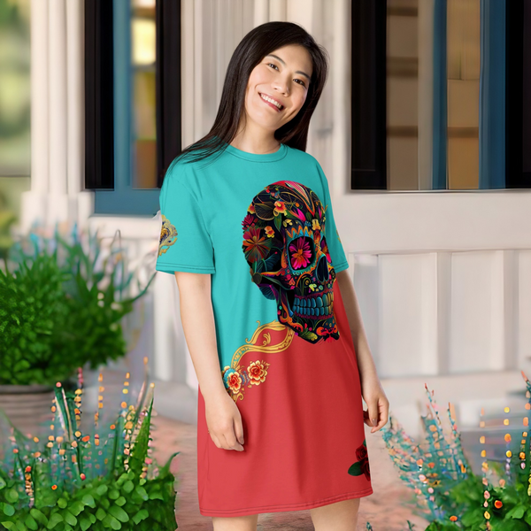 Vibrant Dia de los Muertos T-Shirt Dress with symbolic calaveras