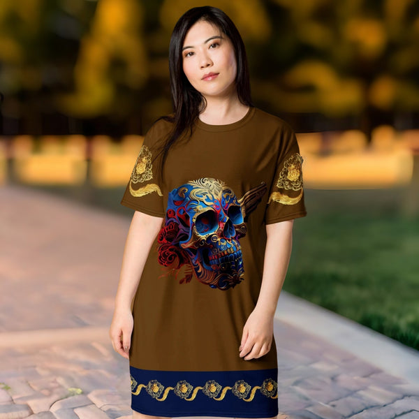 Vibrant Dia de los Muertos T-Shirt Dress with symbolic calaveras