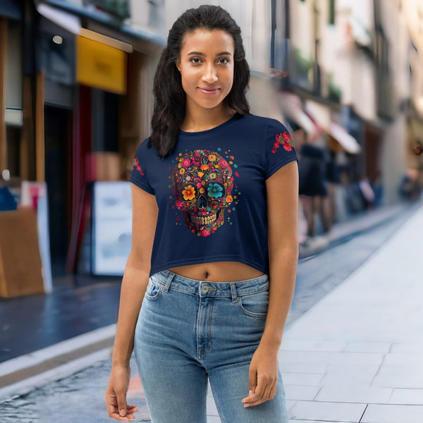 Intricately designed Cropped T-Shirt from Cosmovisions' Dia de los Muertos Collection