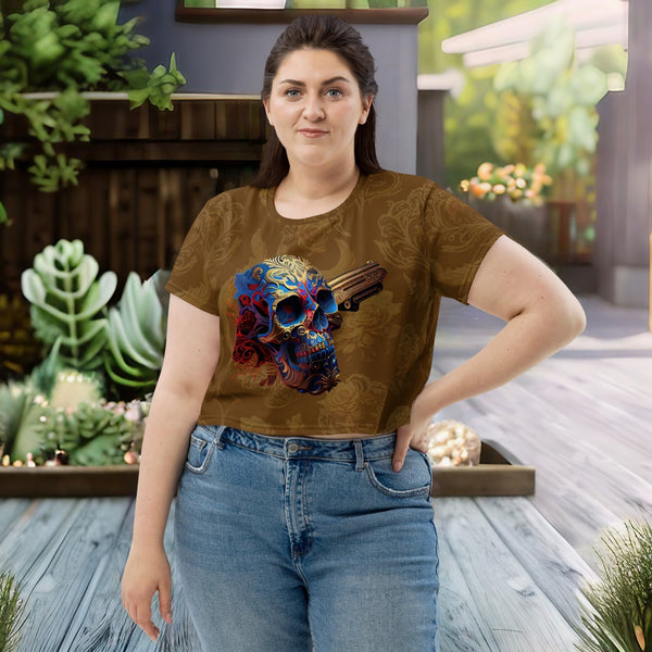Intricately designed Cropped T-Shirt from Cosmovisions' Dia de los Muertos Collection
