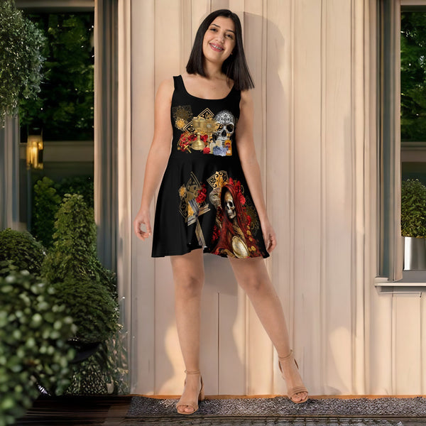 Vibrant Santa Muerte Roja Skater Dress by Cosmovisions.