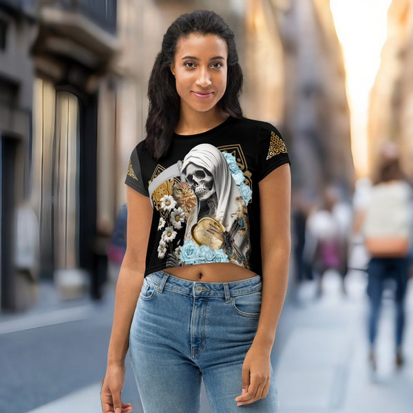Harmonious white Cropped T-Shirt from Santa Muerte Blanca Collection, safeguarding energies and invoking peace