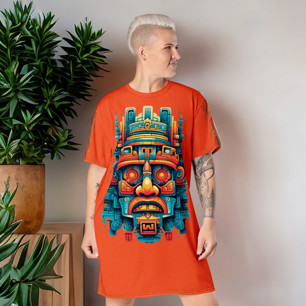 Olmec T-Shirt Dress featuring intricate cosmic designs