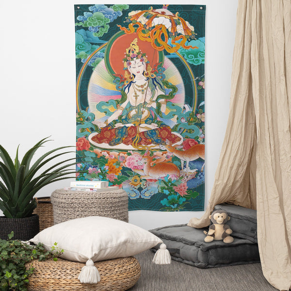 White Tara Flag depicting intricate Thangka art from Cosmovisions.