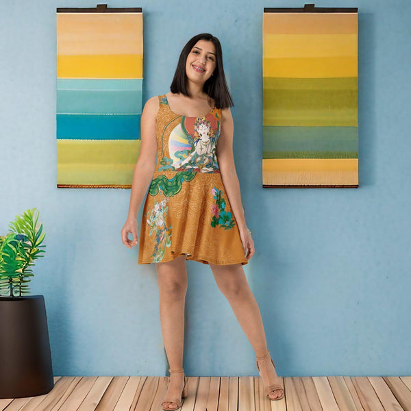 "Thangka - White Tara Skater Dress depicting intricate Tibetan art"