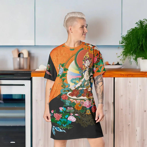 "T-Shirt Dress from Thangka - White Tara Collection, blending spirituality and fashion."