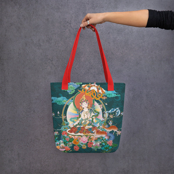 White Tara Thangka art on Cosmovisions tote bag for spiritual inspiration.