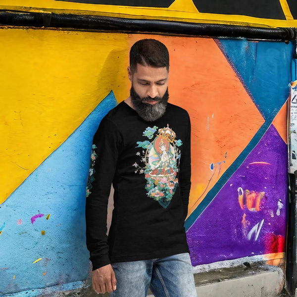 A bearded man wearing a Cosmovisions-AI White Tara Thangka Unisex Long Sleeve Tee.