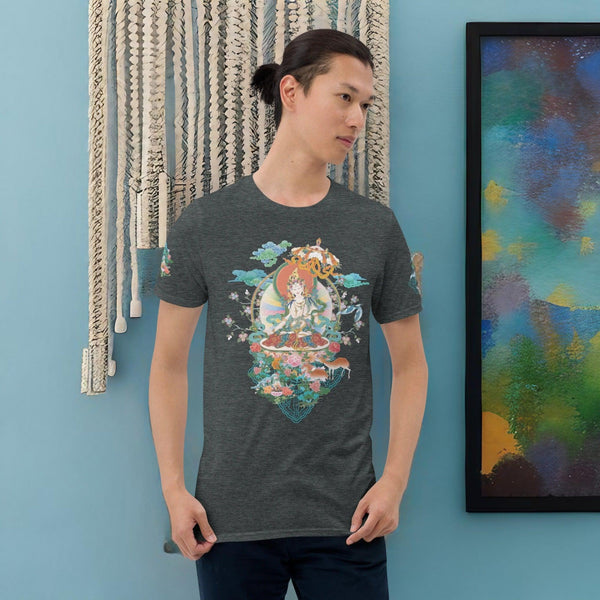 A man wearing a Cosmovisions-AI White Tara Thangka Short-Sleeve Unisex T-Shirt with an image of a fish.