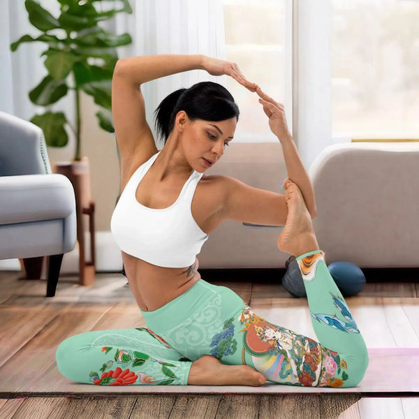 "Spiritual Leggings: White Tara from Thangka Collection, embodying Tibetan deity."
