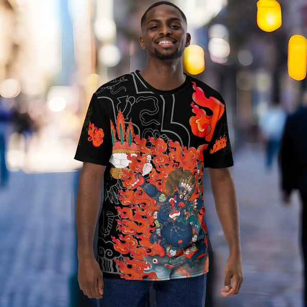 "All Over T-Shirt Thangka-Yama Collection depicting Tibetan deity Yama"