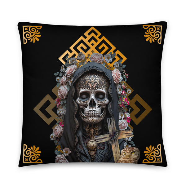 Close-up of Santa Muerte Negra Collection Pillow revealing intricate design details