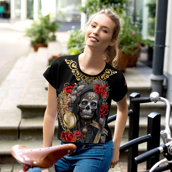 Cosmovisions' Santa Muerte Negra T-Shirt, celebrating spiritual narratives