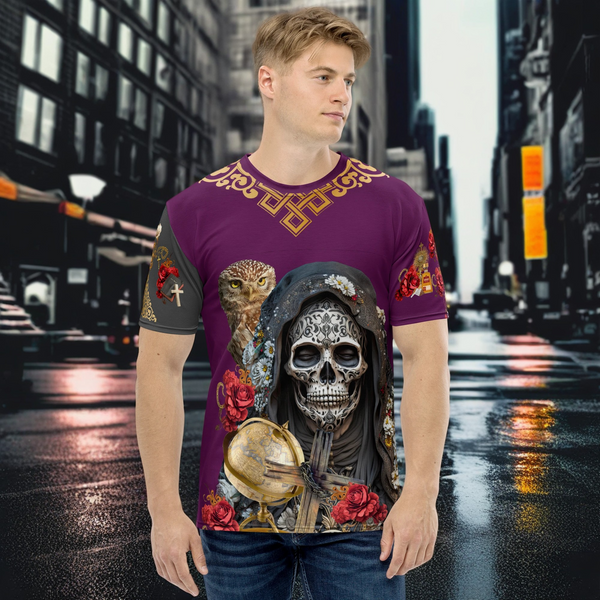 "Closeup of the All Over T-Shirt from the Santa Muerte Negra collection depicting the protective figure."