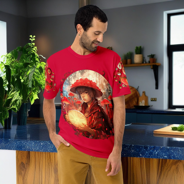 Wearable art featuring sacred Amanita muscaria on All Over T-Shirt, Amanita Collection.