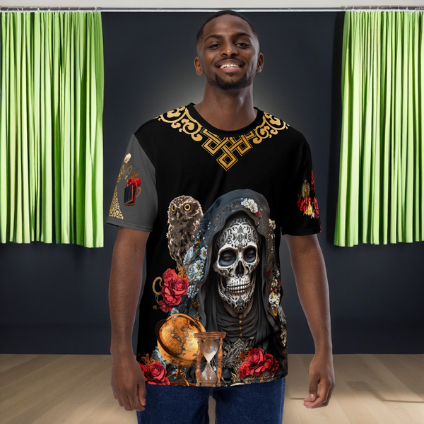 "Closeup of the All Over T-Shirt from the Santa Muerte Negra collection depicting the protective figure."