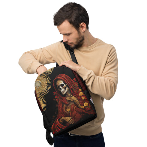 Santa Muerte Roja" backpack from Cosmovisions, blending tradition and modernity