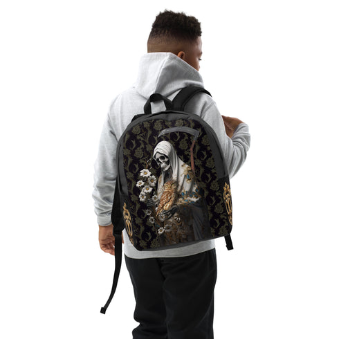 Santa Muerte Blanca Collection Backpack embodying spiritual narratives