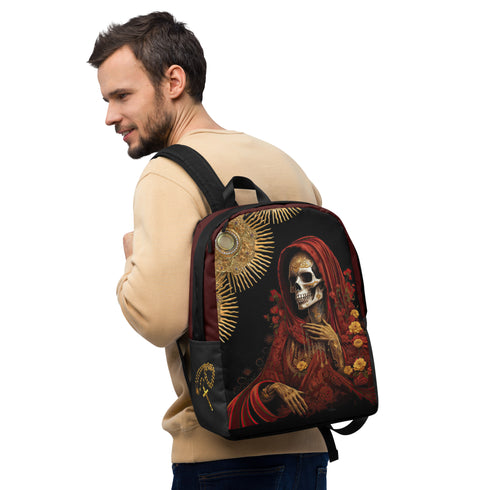 Santa Muerte Roja" backpack from Cosmovisions, blending tradition and modernity