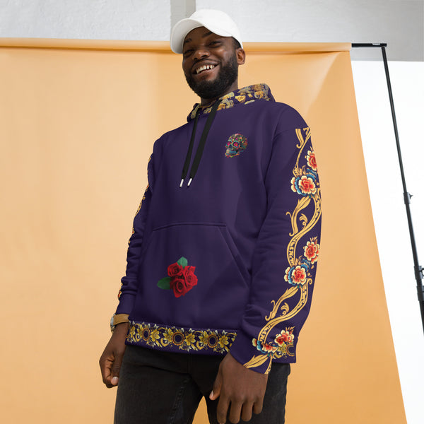 Intricate calaveras design on the Dia de los Muertos Hoodie from Cosmovisions