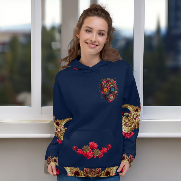 Intricate calaveras design on the Dia de los Muertos Hoodie from Cosmovisions.