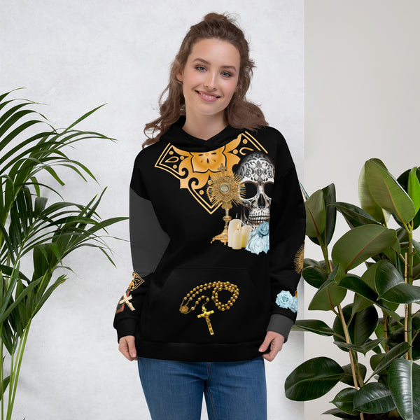 Santa Muerte Blanca Hoodie, expressing intricate design from Cosmovisions.