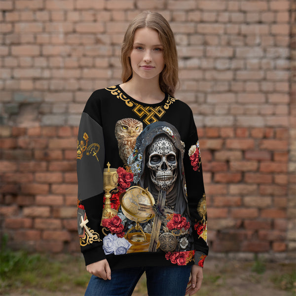 High-quality sweatshirt with the protective emblem of Santa Muerte Negra from Cosmovisions