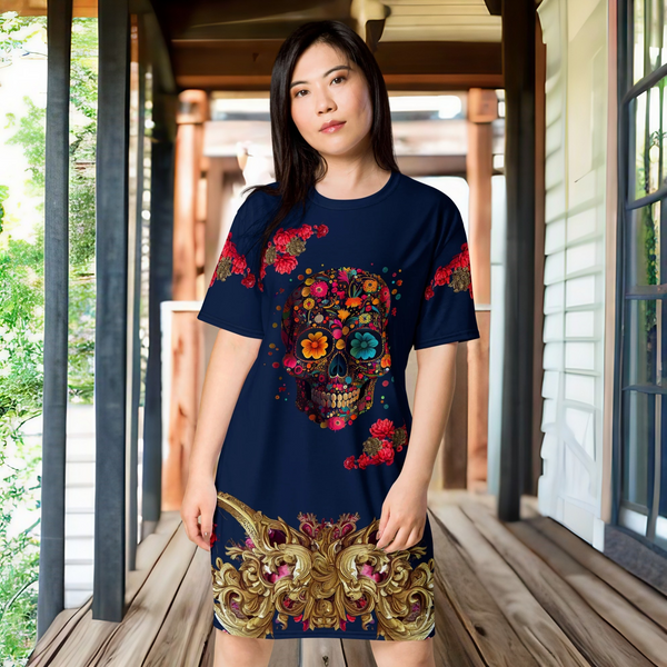 Vibrant Dia de los Muertos T-Shirt Dress with symbolic calaveras