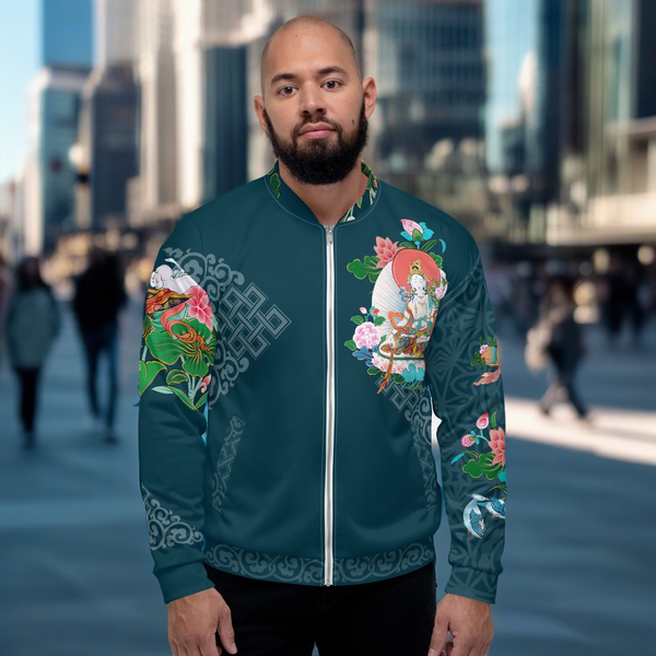 Green Tara Thangka Bomber Jacket - a fusion of spirituality and fashion