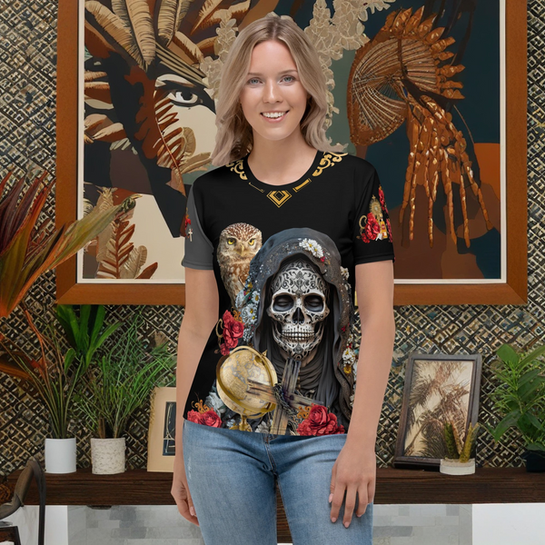 "Closeup of the All Over T-Shirt from the Santa Muerte Negra collection depicting the protective figure."
