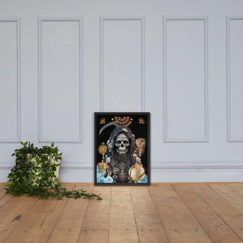 Black-clad Santa Muerte Negra symbol on poster from Cosmovisions