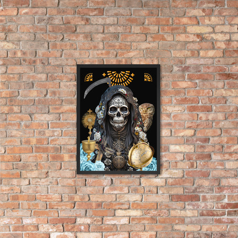 Black-clad Santa Muerte Negra symbol on poster from Cosmovisions