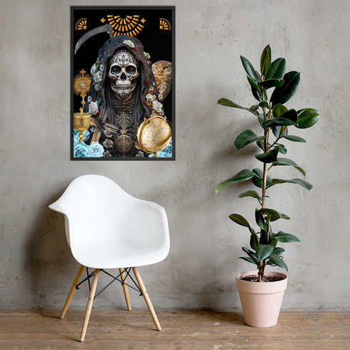 Black-clad Santa Muerte Negra symbol on poster from Cosmovisions