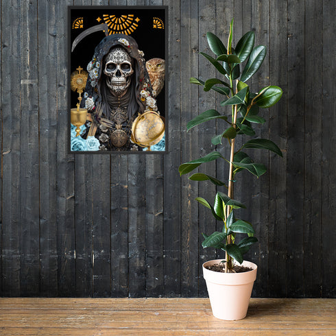Black-clad Santa Muerte Negra symbol on poster from Cosmovisions