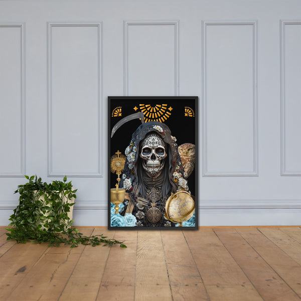 Black-clad Santa Muerte Negra symbol on poster from Cosmovisions