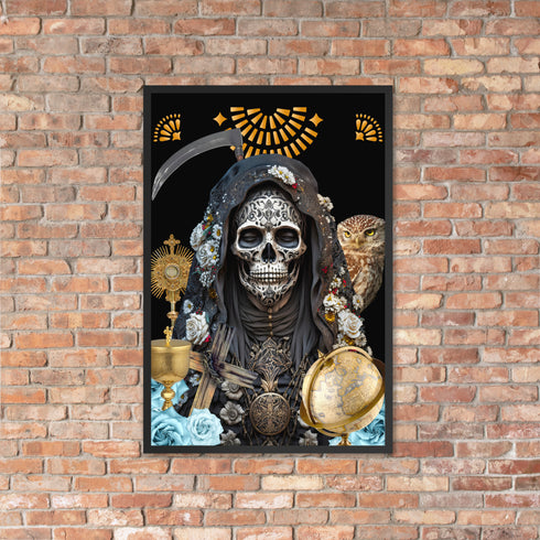 Black-clad Santa Muerte Negra symbol on poster from Cosmovisions