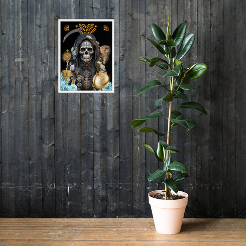 Black-clad Santa Muerte Negra symbol on poster from Cosmovisions