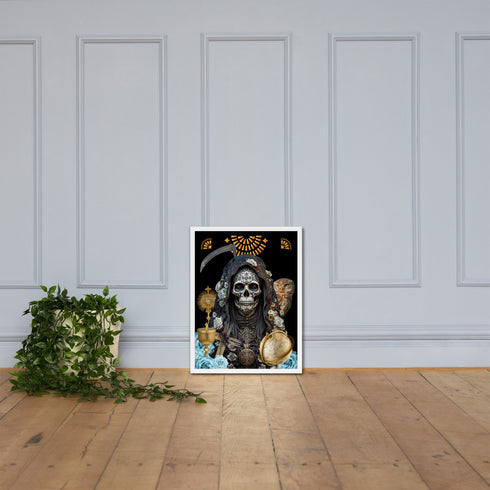 Black-clad Santa Muerte Negra symbol on poster from Cosmovisions