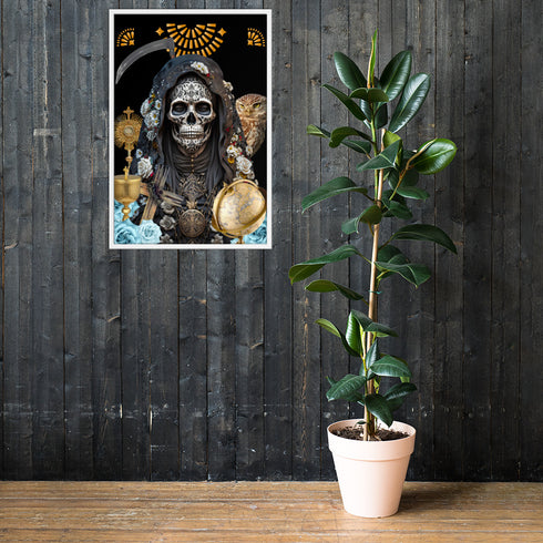 Black-clad Santa Muerte Negra symbol on poster from Cosmovisions