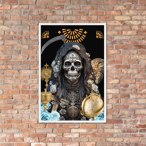 Black-clad Santa Muerte Negra symbol on poster from Cosmovisions