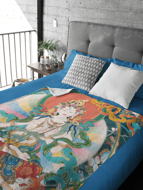Blanket: White Tara - A luxurious addition to the Thangka Collection infusing spiritual artistry into your space.