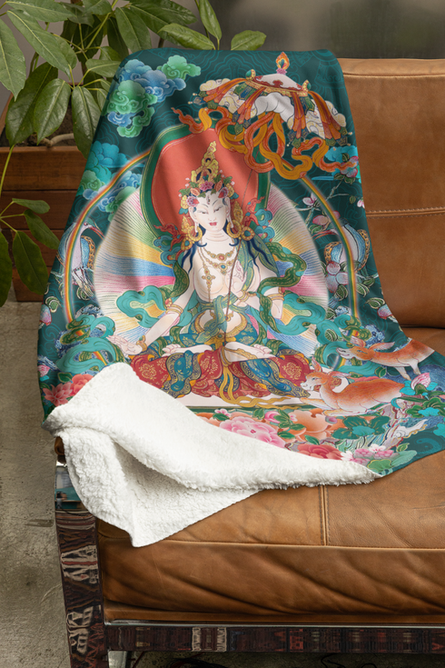 Blanket: White Tara - A luxurious addition to the Thangka Collection infusing spiritual artistry into your space.