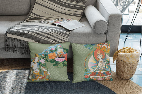 Pillow: White Tara - A luxurious addition to the Thangka Collection infusing spiritual artistry into your space.